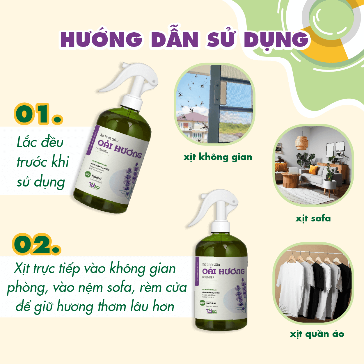 Hướng dẫn sử dụng Xịt Phòng Tinh Dầu Oải Hương