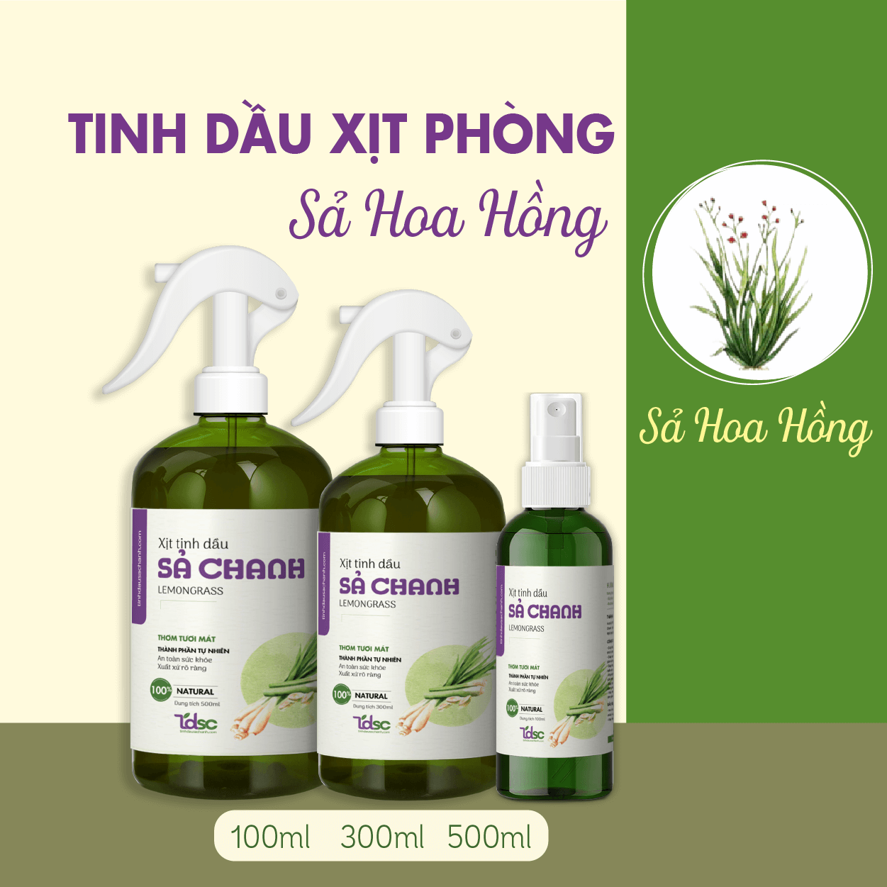 Xịt Phòng Tinh Dầu Sả Hoa Hồng